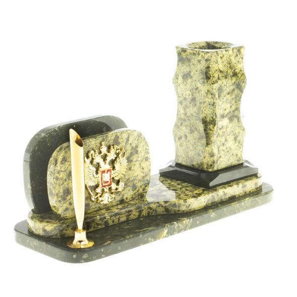 Настольная визитница &amp;quot;Герб&amp;quot; с карандашницей камень змеевик 118840
