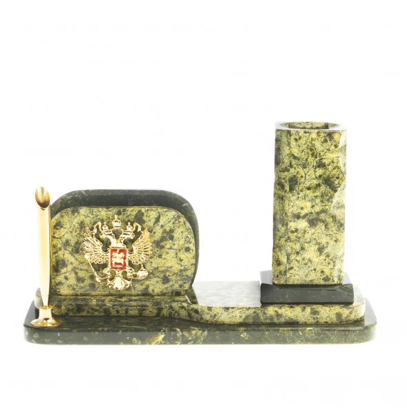 Настольная визитница &amp;quot;Герб&amp;quot; с карандашницей камень змеевик 118840