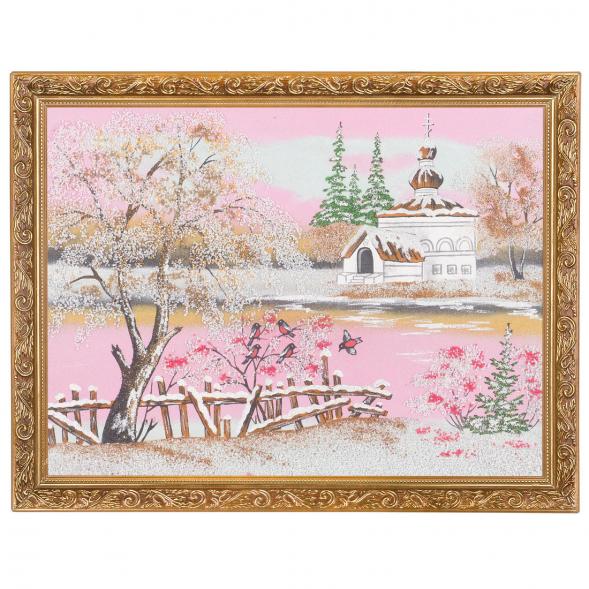 Картина &amp;quot;Церковь и снегири&amp;quot; багет 36х46 см, каменная крошка 119647