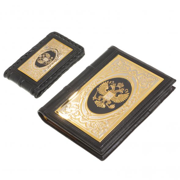 Подарочный набор &amp;quot;Держава&amp;quot; ежедневник и визитница из черной кожи 122402