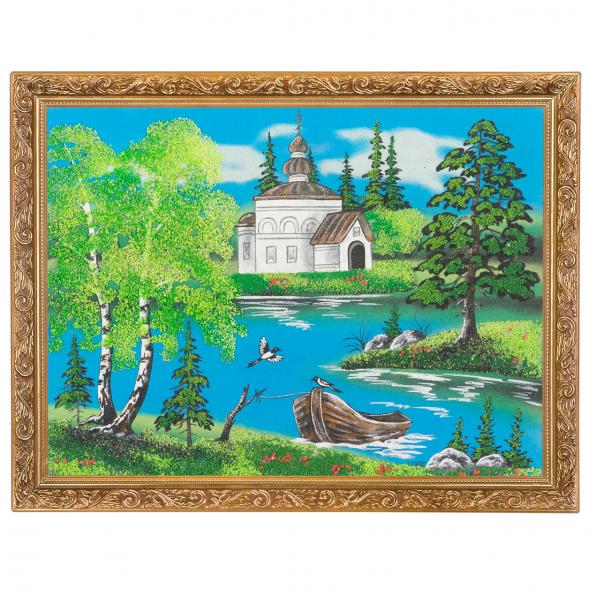 Картина &amp;quot;Церковь и лодка&amp;quot; багет 36х46 см, каменная крошка 119649