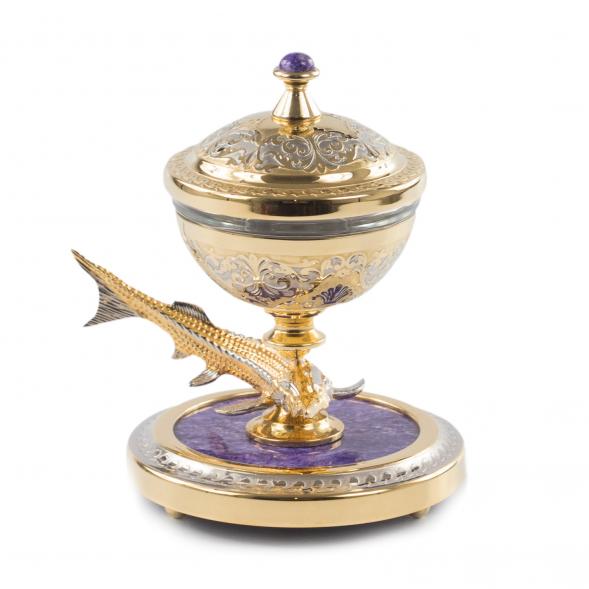 Икорница с рыбкой из бронзы &amp;quot;Стерлядка&amp;quot; камень чароит позолота Златоуст 121421