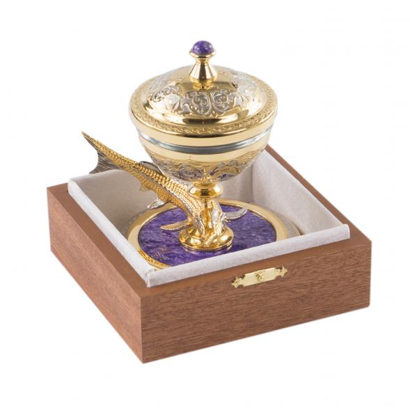 Икорница с рыбкой из бронзы &amp;quot;Стерлядка&amp;quot; камень чароит позолота Златоуст 121421