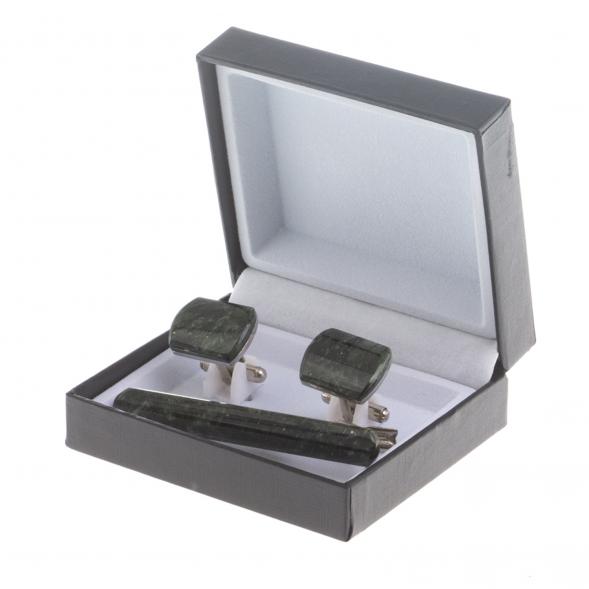 Набор запонки закругленные и зажим для галстука камень актиновит 124495
