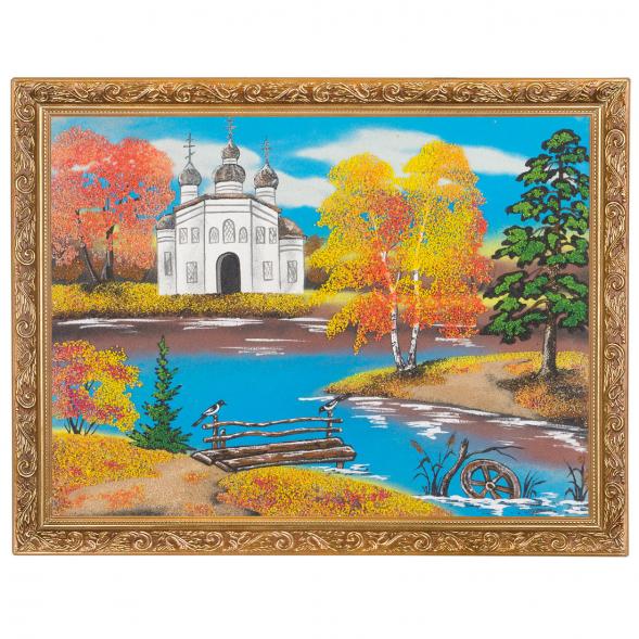 Картина &amp;quot;Церковь на осеннем берегу&amp;quot; багет 36х46 см, каменная крошка 119648