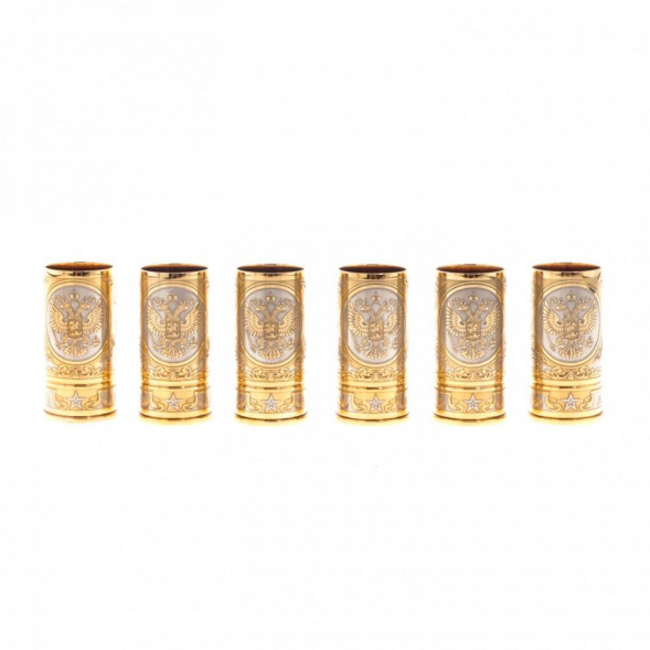 Набор стопок &amp;quot;Герб России&amp;quot; 6 шт в кожаном патронташе Златоуст 130026