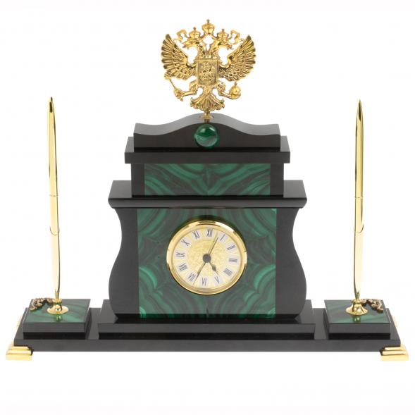 Настольные часы &amp;quot;Герб России&amp;quot; с ручками из малахита 127532