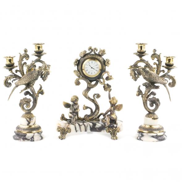 Каминные часы &amp;quot;Колибри&amp;quot; из мрамора с канделябрами из бронзы 120105