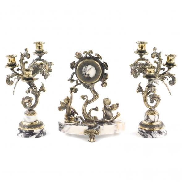 Каминные часы &amp;quot;Колибри&amp;quot; из мрамора с канделябрами из бронзы 120105