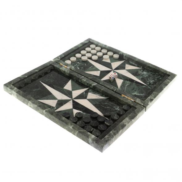 Нарды из камня &amp;quot;Роза ветров&amp;quot; белый мрамор / офиокальцит 124568