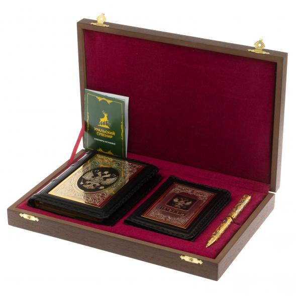 Подарочный набор &amp;quot;Держава&amp;quot; обложка для паспорта, ежедневник и ручка с гравюрой 122541