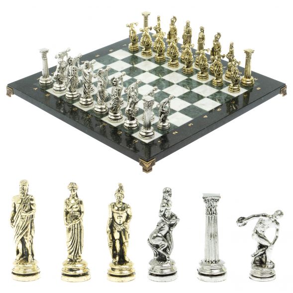 Шахматы &amp;quot;Олимпийские игры&amp;quot; доска 44х44 см из мрамора и змеевика 128239