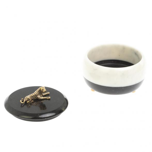 Шкатулка &amp;quot;Тигр&amp;quot; из белого мрамора и черного змеевика 10х10х8 см 127695