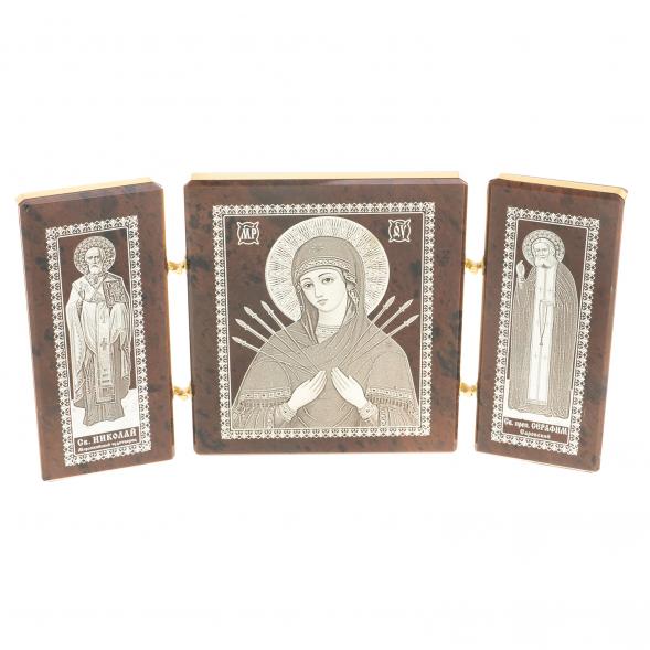 Икона складная триптих &amp;quot;Семистрельная БМ, Св. Николай, Св. Серафим&amp;quot; камень обсидиан 122991