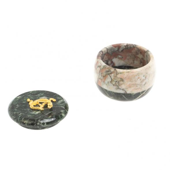 Шкатулка круглая из креноида и шабровского змеевика 7х7х6 см 127696