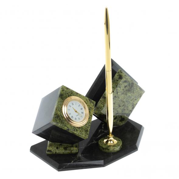 Визитница &amp;quot;Куб&amp;quot; с часами камень змеевик 121141