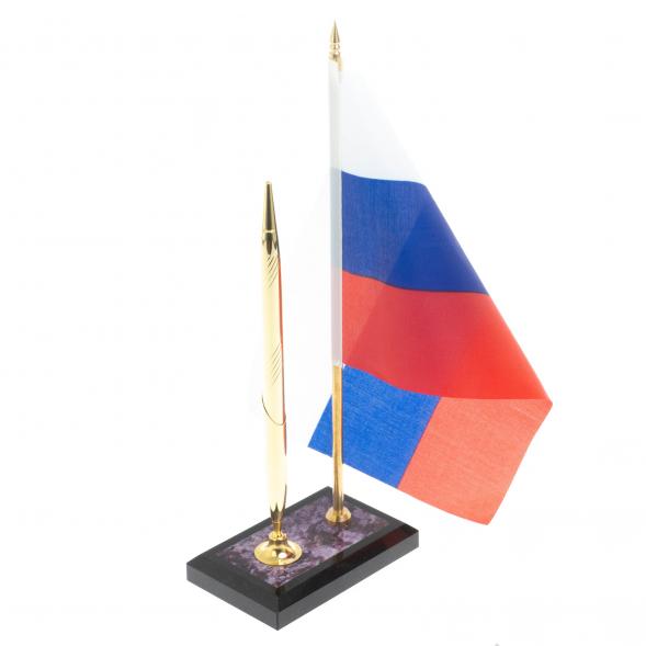 Подставка под ручку с флагом РФ из чароита 10х7х25 см 127930