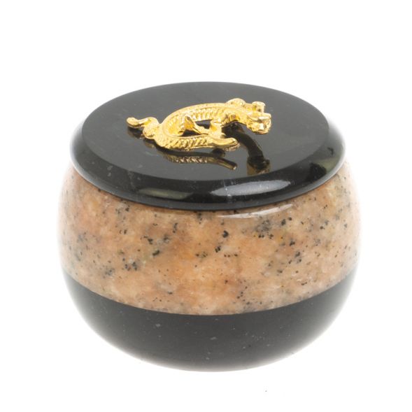 Шкатулка круглая из розового мрамора и черного змеевика 7х7х6 см 127698