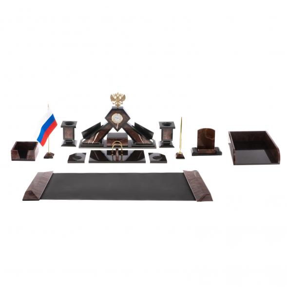 Письменный набор из лемезита &amp;quot;Герб РФ&amp;quot; с лотком для бумаг и ковриком для бумаг / Канцелярский набор / Набор письменных принадлежностей / На стол руководителю / Подарок начальнику
