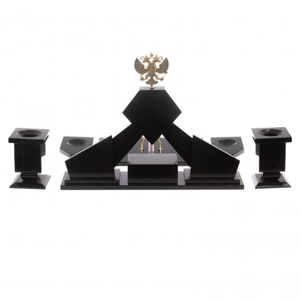 Письменный набор из лемезита &amp;quot;Герб РФ&amp;quot; с лотком для бумаг и ковриком для бумаг / Канцелярский набор / Набор письменных принадлежностей / На стол руководителю / Подарок начальнику