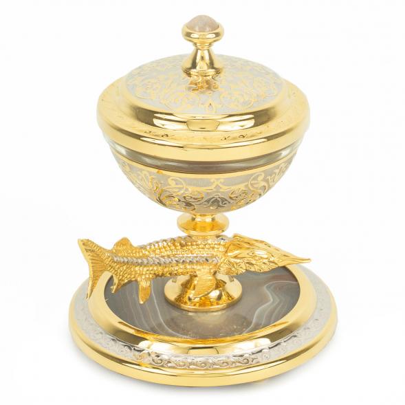 Икорница &amp;quot;Стерлядка&amp;quot; камень агат в подарочной упаковке Златоуст 118677