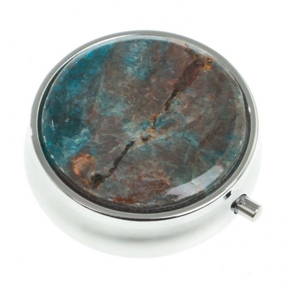 Таблетница органайзер / контейнер для хранения таблеток, лекарств с делителем на 3 отсека камень голубой апатит цвет серебро