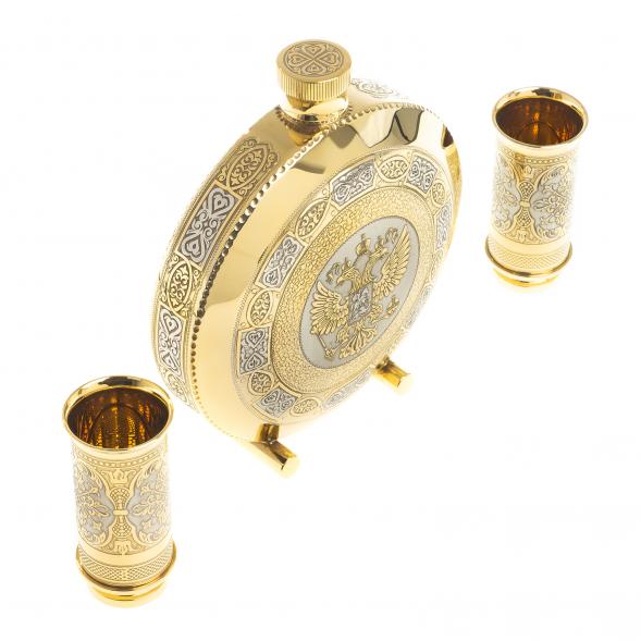 Фляжка с двумя стопками для водки &amp;quot;Герб&amp;quot; Златоуст 113843