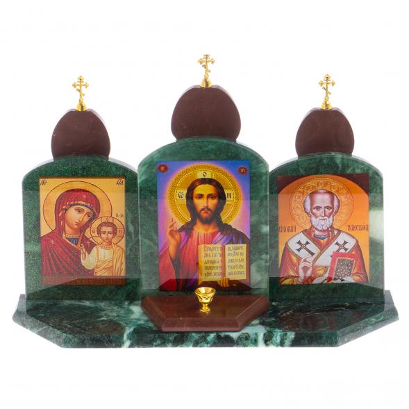 Икона настольная с подсвечником &amp;quot;Триптих Спаситель, Казанская БМ, Николай Чудотворец&amp;quot; камень змеевик, лемезит 33,5х9,5х24 см