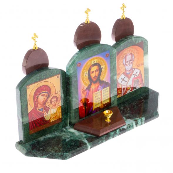 Икона настольная с подсвечником &amp;quot;Триптих Спаситель, Казанская БМ, Николай Чудотворец&amp;quot; камень змеевик, лемезит 33,5х9,5х24 см