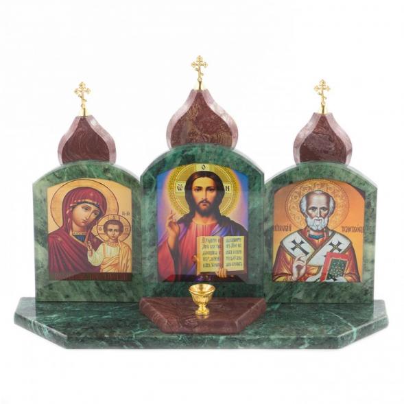 Икона настольная с подсвечником &amp;quot;Триптих Спаситель, Казанская БМ, Николай Чудотворец&amp;quot; камень змеевик, лемезит 33,5х9,5х24 см