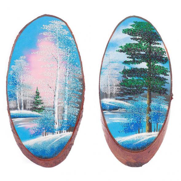 Панно на срезе дерева &amp;quot;Зима&amp;quot; вертикальное 90-95 см каменная крошка 120302