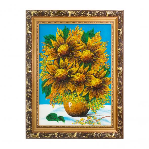 Картина с рисунком из камня &amp;quot;Подсолнухи в вазе&amp;quot; в багете 36х46 см сиреневый фон 120954