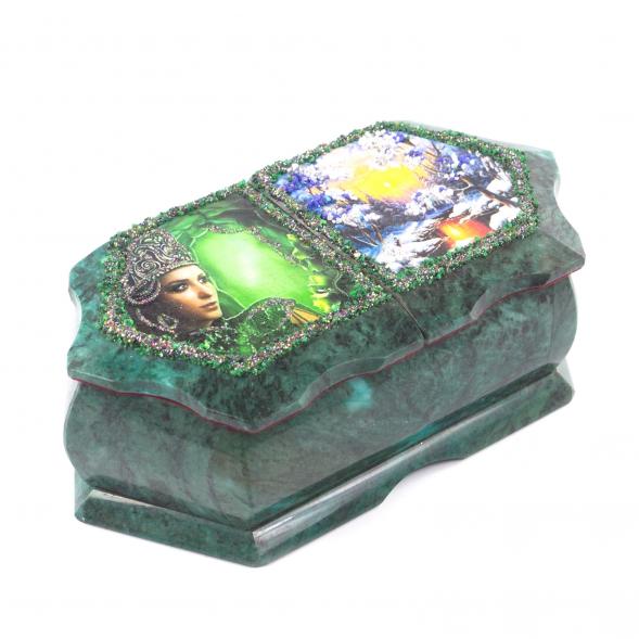 Шкатулка из камня змеевик &amp;quot;Хозяйка медной горы - Зимний пейзаж&amp;quot; 20х10х7,5 см 121434
