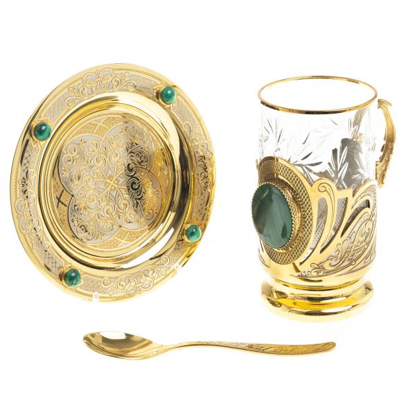 Чайная пара &amp;quot;Малахитовая&amp;quot; тарелка и подстаканник с ложкой Златоуст 113846