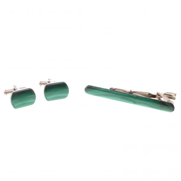 Набор запонки закругленные и зажим для галстука малахит 124649