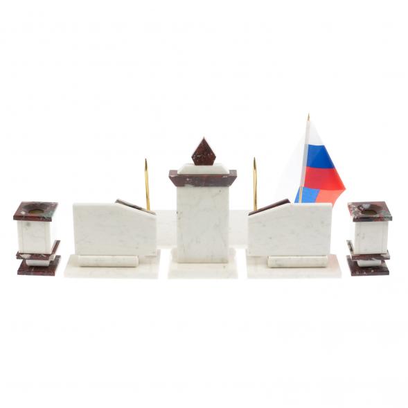 Настольный канцелярский набор с гербом и флагом России камень креноид и белый мрамор 129650