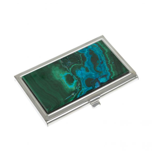 Карманная визитница из камня малахит с хризоколой цвет серебро 129426