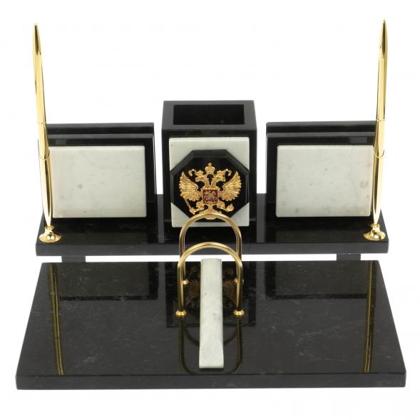 Настольный набор &amp;quot;Офисный&amp;quot; из мармора и змеевика с гербом РФ 129509