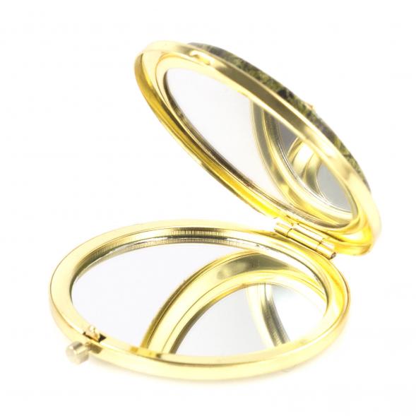 Зеркало карманное круглое с накладкой из змеевика и ящерицей золотистое 121150