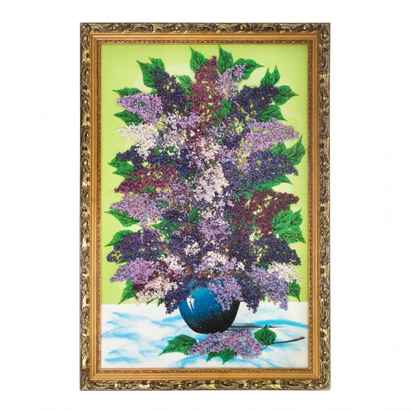 Картина &amp;quot;Натюрморт сирень&amp;quot; из каменной крошки на зеленом фоне багет 57х87 см 121248