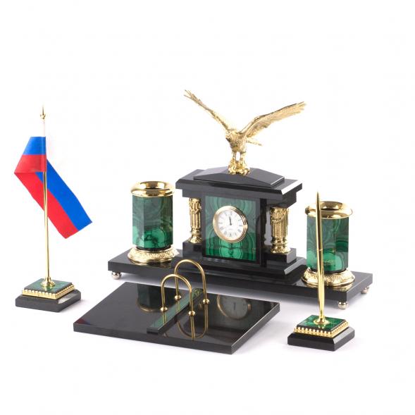 Письменный набор &amp;quot;Гордый орел&amp;quot; из натурального малахита и бронзы Златоуст 121342