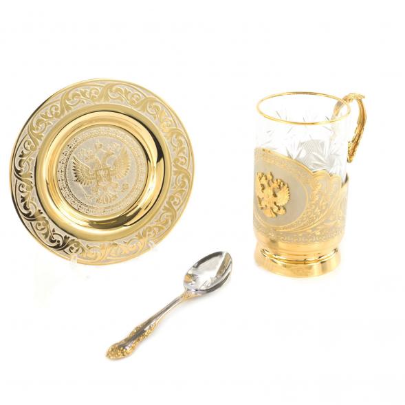 Чайная пара &amp;quot;Гербовая&amp;quot; подстаканник 260 мл на блюдце с ложкой Златоуст 121045