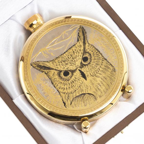 Подарочная фляжка с гравюрой &amp;quot;Филин&amp;quot; в деревянной коробке Златоуст