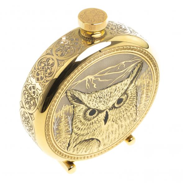 Подарочная фляжка с гравюрой &amp;quot;Филин&amp;quot; в деревянной коробке Златоуст