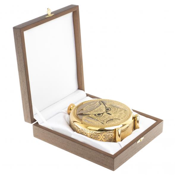 Подарочная фляжка с гравюрой &amp;quot;Филин&amp;quot; в деревянной коробке Златоуст