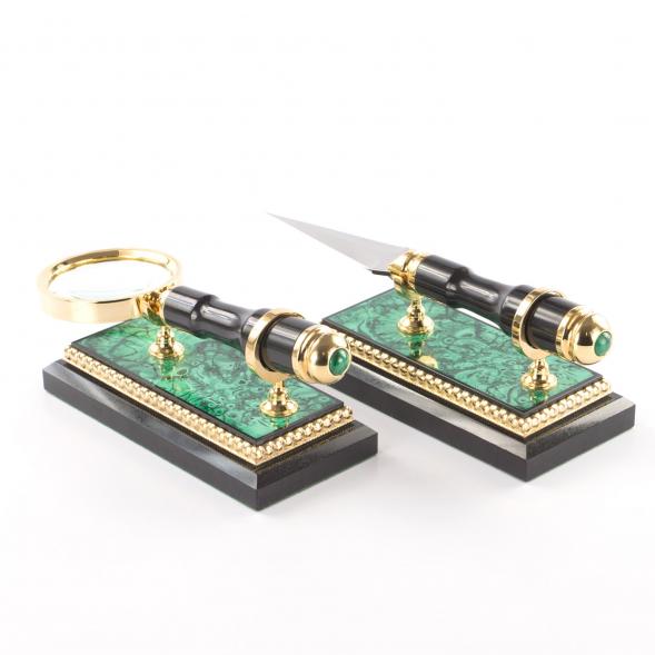 Письменный набор &amp;quot;Сенатор&amp;quot; с лампой камень малахит Златоуст 121154