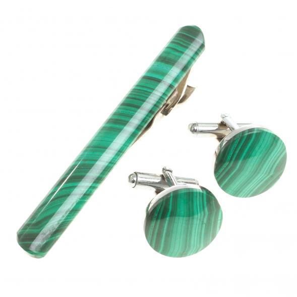 Набор запонки круглые и зажим для галстука малахит 123841