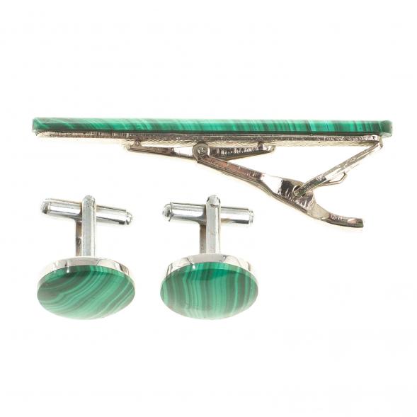 Набор запонки круглые и зажим для галстука малахит 123841
