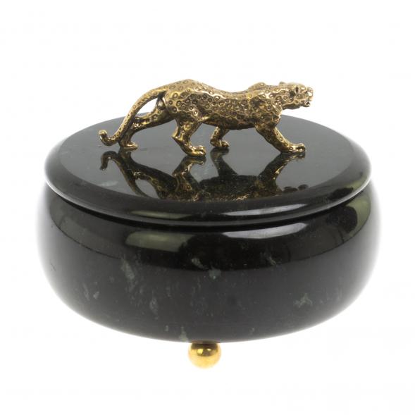 Шкатулка круглая &amp;quot;Гепард&amp;quot; из черного змеевика 15х15х12 см 127629