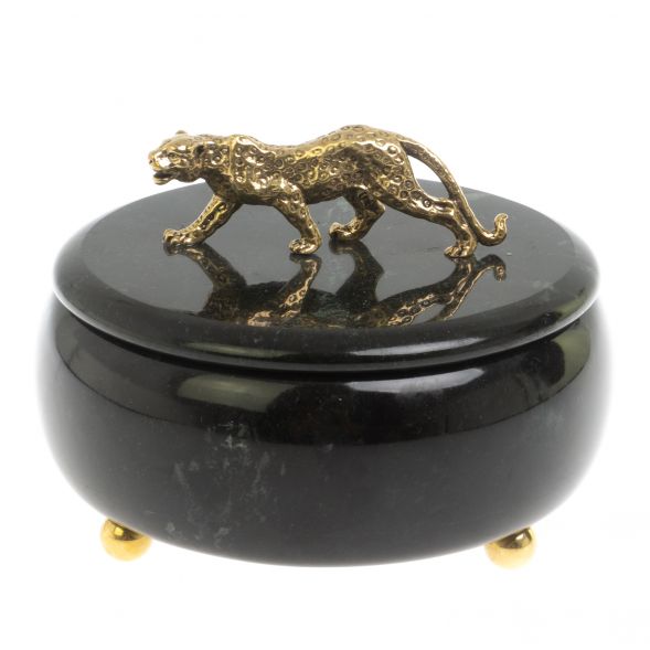 Шкатулка круглая &amp;quot;Гепард&amp;quot; из черного змеевика 15х15х12 см 127629